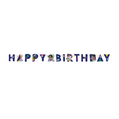 Multicolor Encanto happy birthday banner with characters for kids birthday from Parte Haus party supply store in Bethesda MD