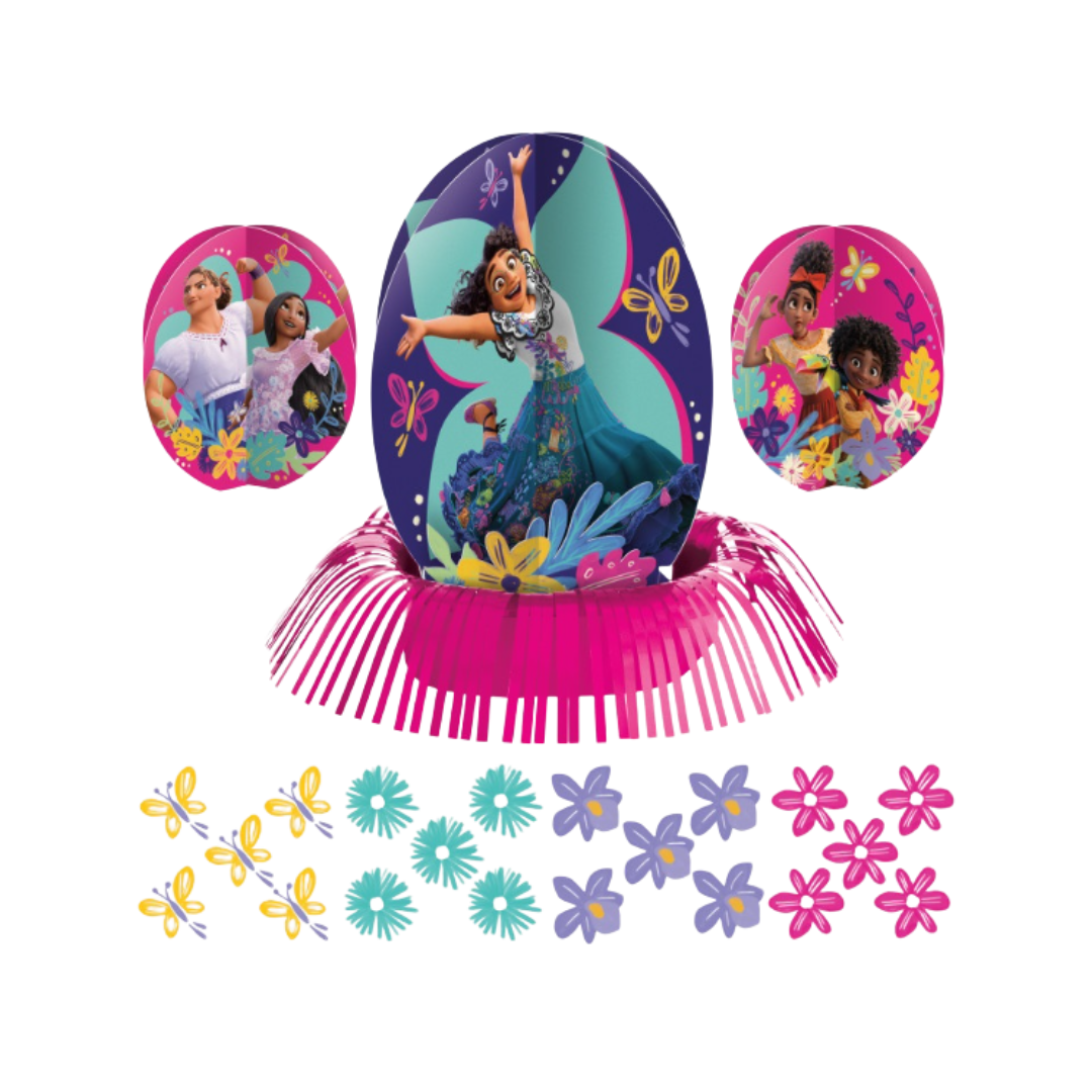 Colorful Encanto table centerpiece with flowers and butterflies birthday theme from Parte Haus party supply store in Bethesda Maryland