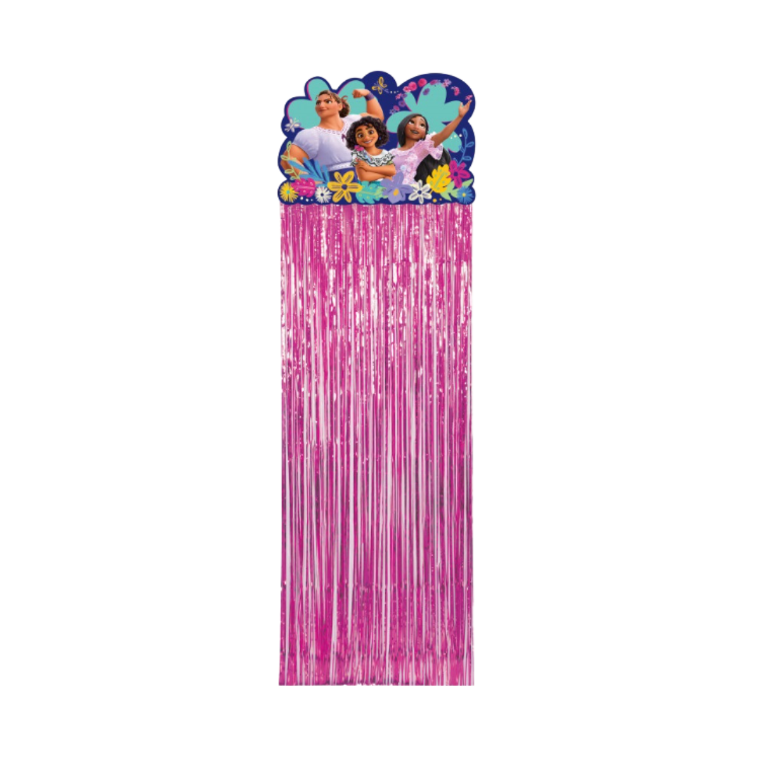 Pink Encanto fringe doorway curtain with cartoon family top decoration birthday theme from Parte Haus party supply store in Bethesda Maryland