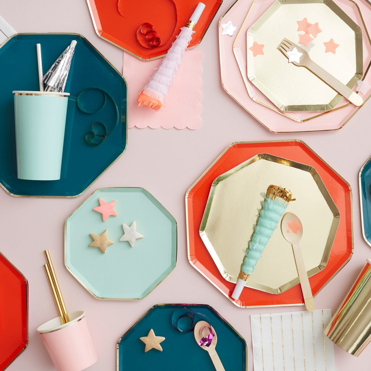 Pastel and gold octagon plates and cups with star decorations birthday theme from Parte Haus party supply store in Bethesda MD