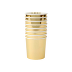 Gold paper cups with shiny finish for birthday celebration from Parte Haus party supply store in Bethesda MD.