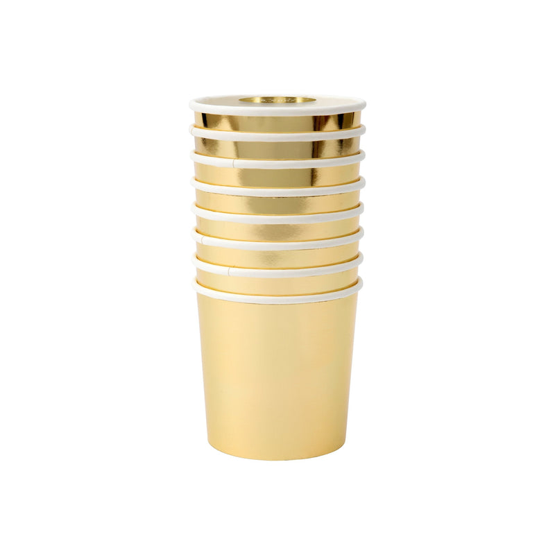 Gold paper cups with shiny finish for birthday celebration from Parte Haus party supply store in Bethesda MD.