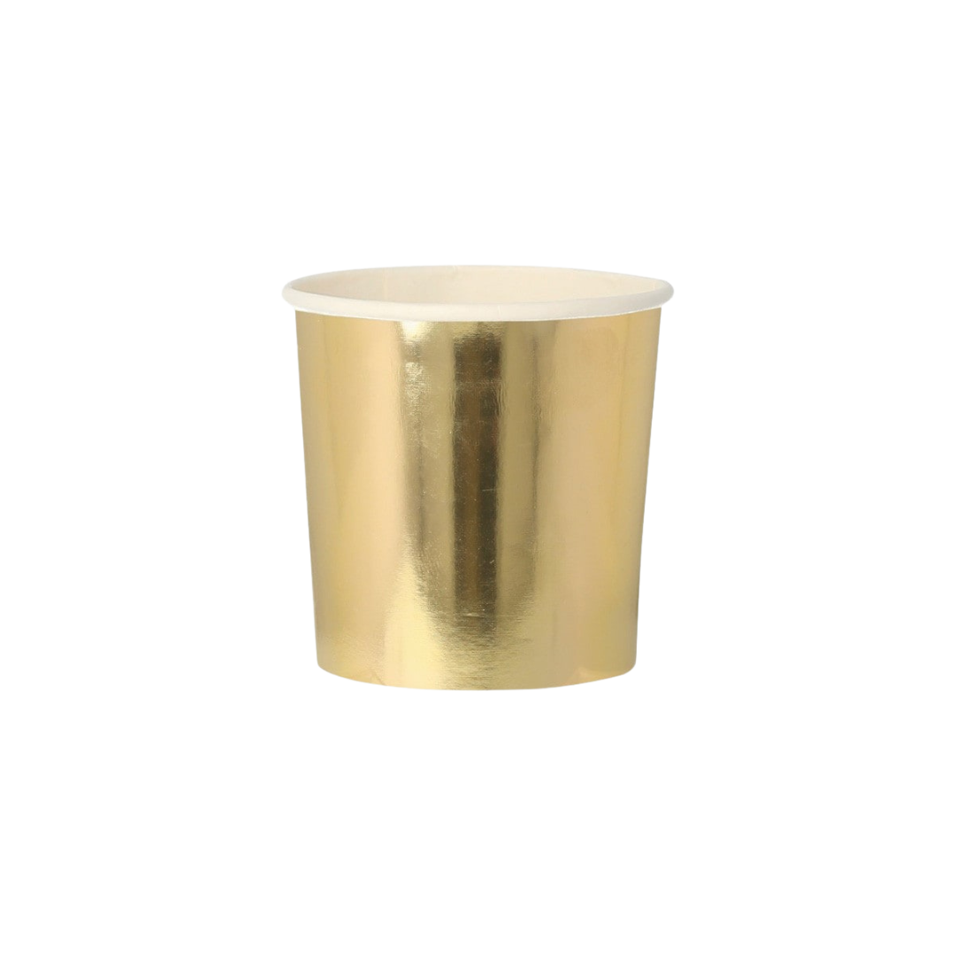 gold paper cup shiny finish birthday decor from Parte Haus party supply store in Bethesda MD