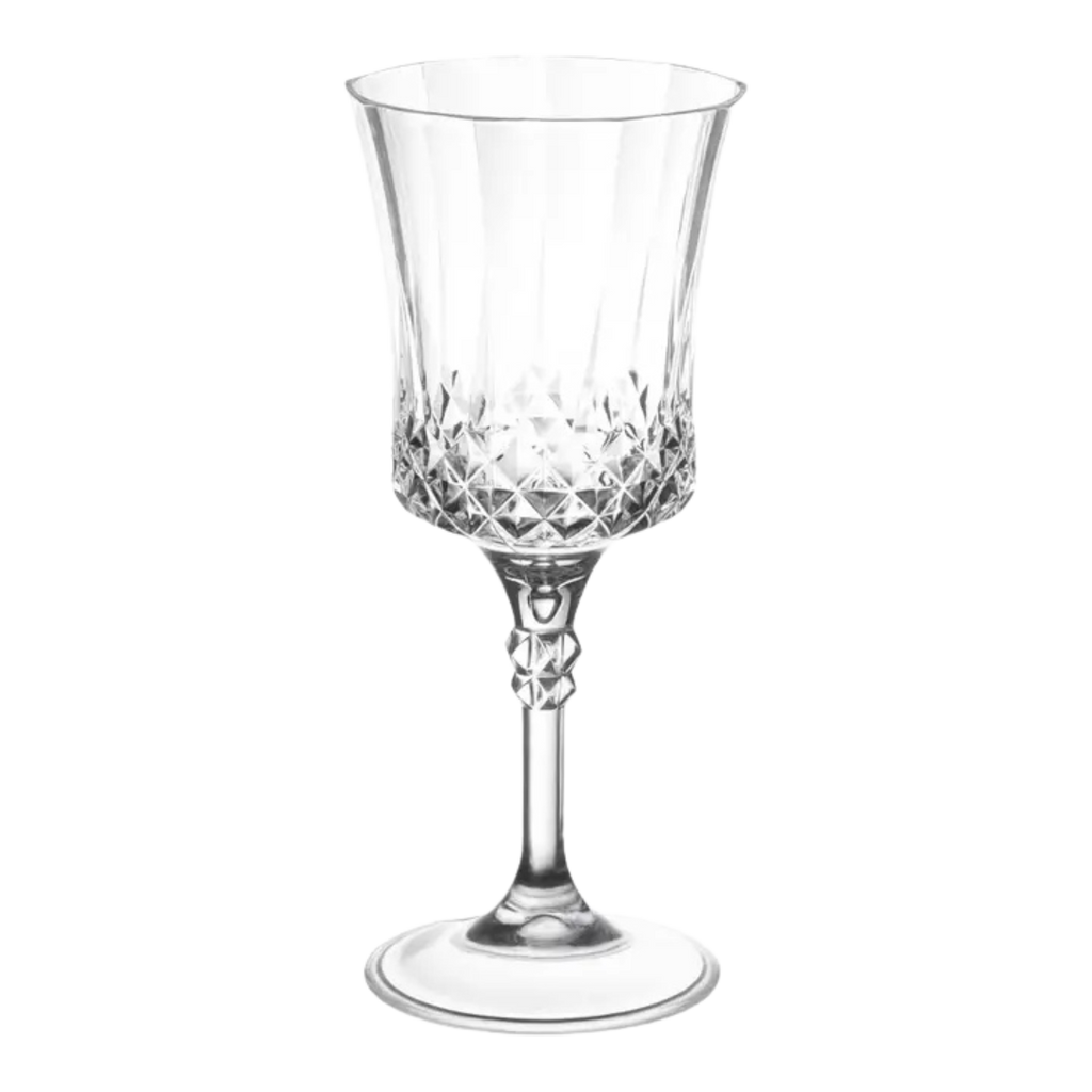 Clear wine glass with diamond cut design elegant for celebration from Parte Haus party supply store in Bethesda Maryland.