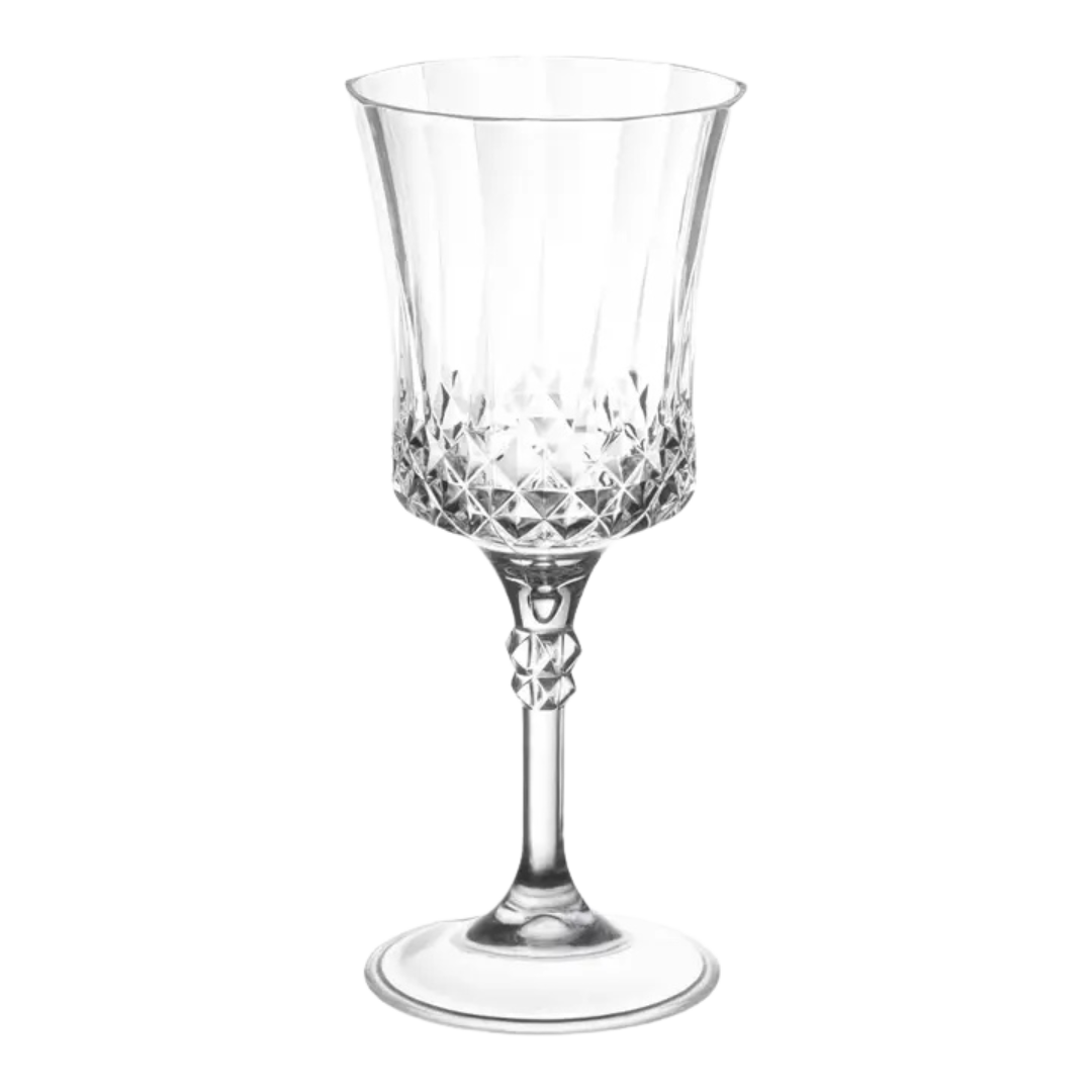 Clear wine glass with diamond cut design elegant for celebration from Parte Haus party supply store in Bethesda Maryland.