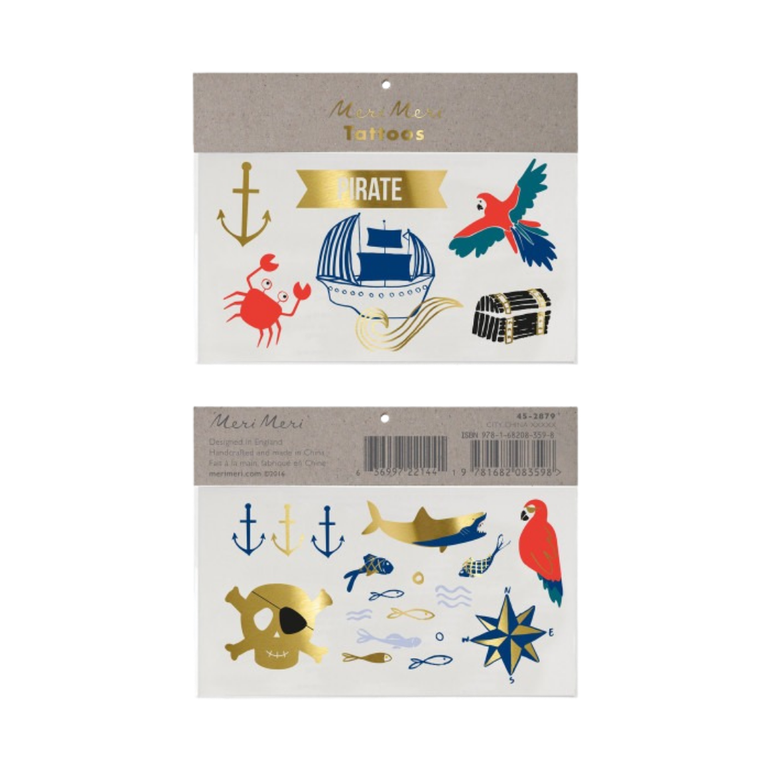 Colorful pirate temporary tattoos with ship skull fish designs birthday theme from Parte Haus party supply store in Bethesda MD