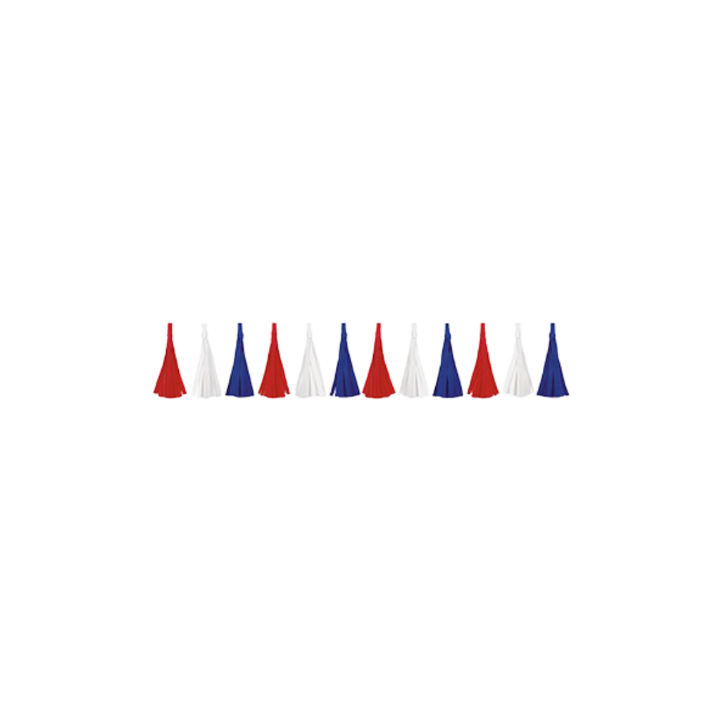 Red white blue tassel garland banner patriotic decoration for July 4th from Parte Haus party supply store in Bethesda Maryland