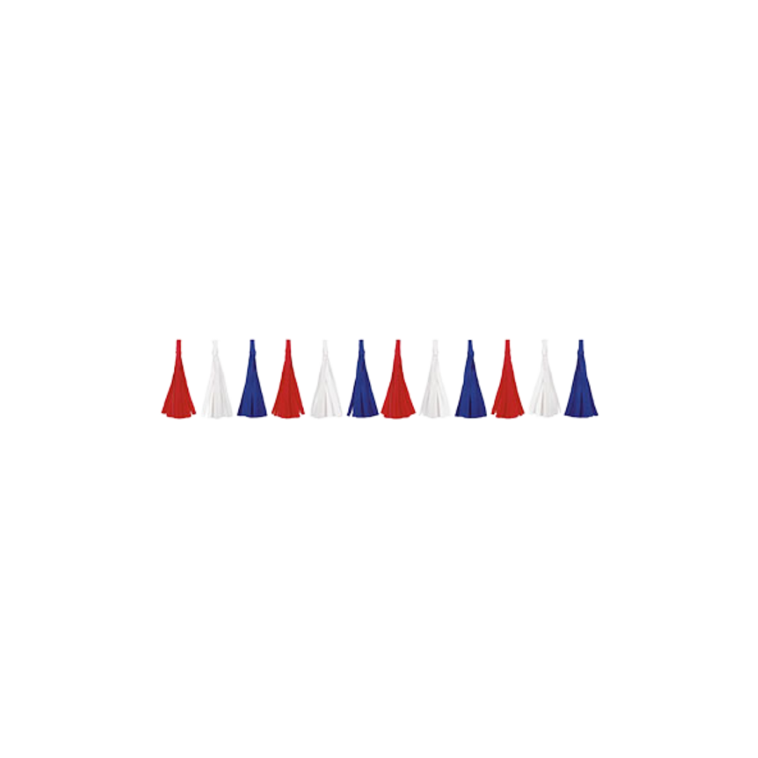 Red white blue tassel garland banner patriotic decoration for July 4th from Parte Haus party supply store in Bethesda Maryland