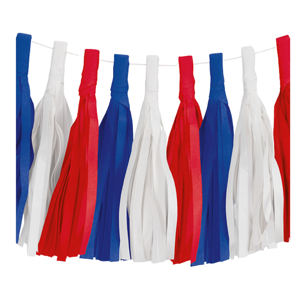 Red white and blue tassel garland with layered fringe for patriotic theme from Parte Haus party supply store in Bethesda MD.