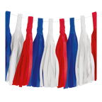 Red white and blue tassel garland with layered fringe for patriotic theme from Parte Haus party supply store in Bethesda MD.