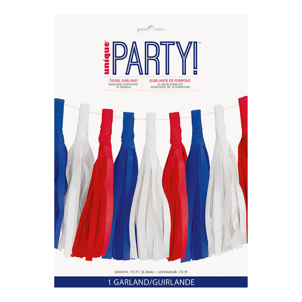 Red white and blue tassel garland with hanging fringe for patriotic celebration from Parte Haus party supply store in Bethesda Maryland