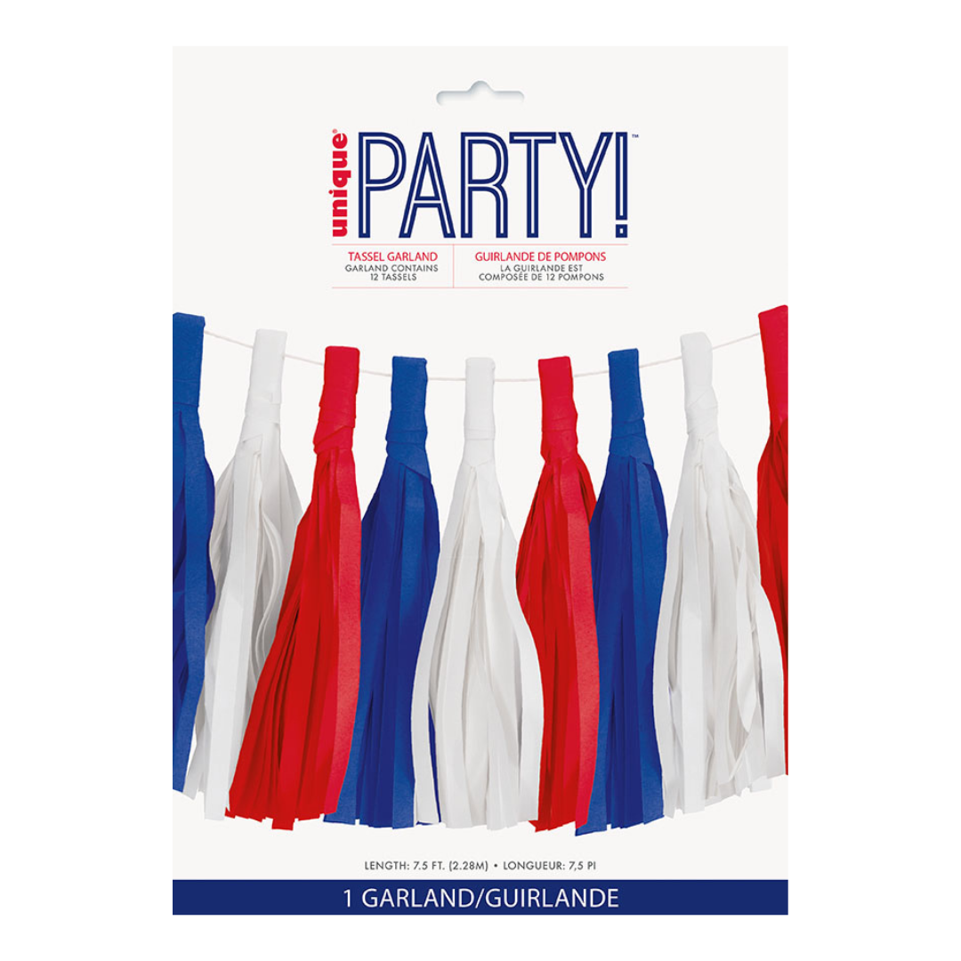 Red white and blue tassel garland with hanging fringe for patriotic celebration from Parte Haus party supply store in Bethesda Maryland