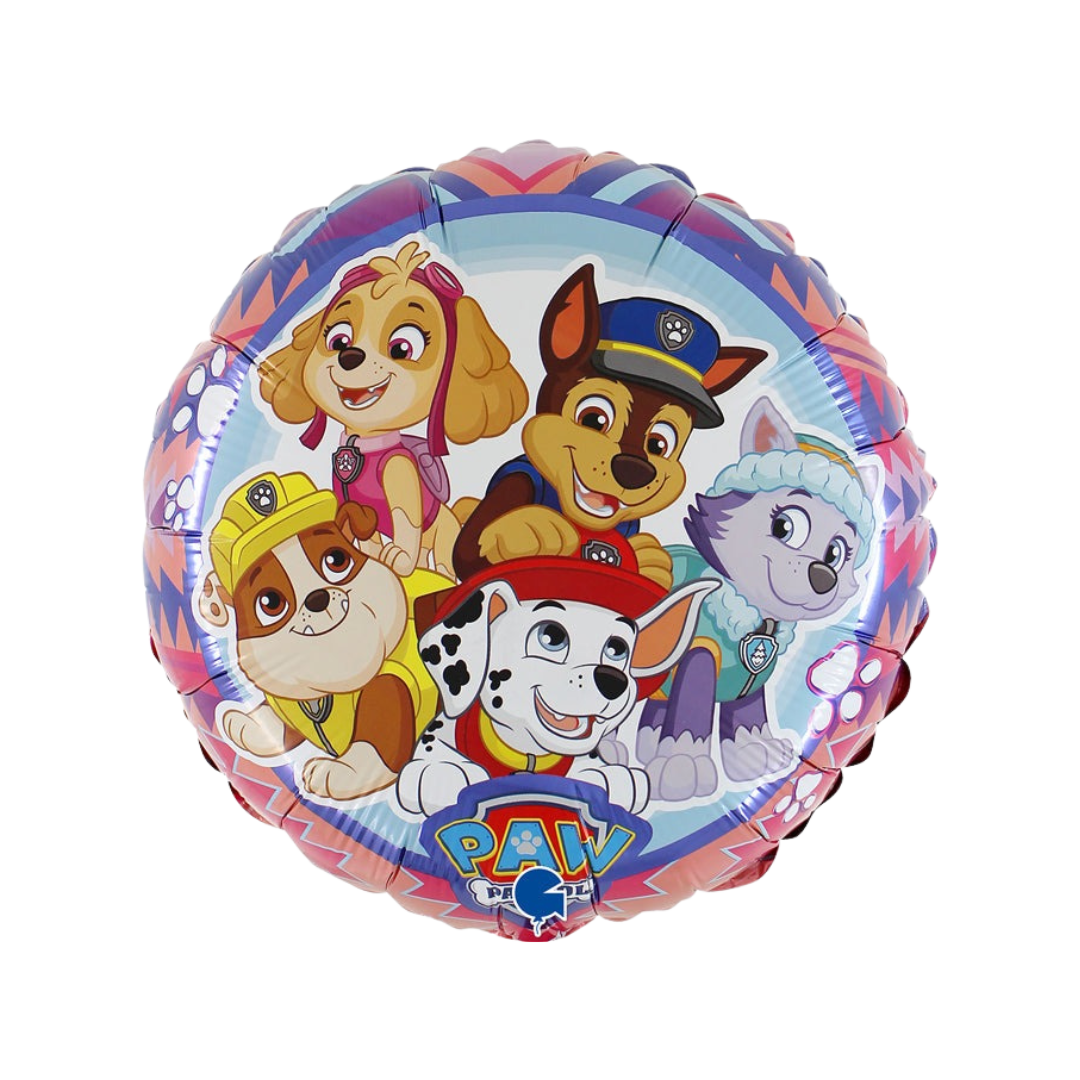Colorful Paw Patrol adventure foil balloon with cartoon puppies birthday theme from Parte Haus party supply store in Bethesda MD