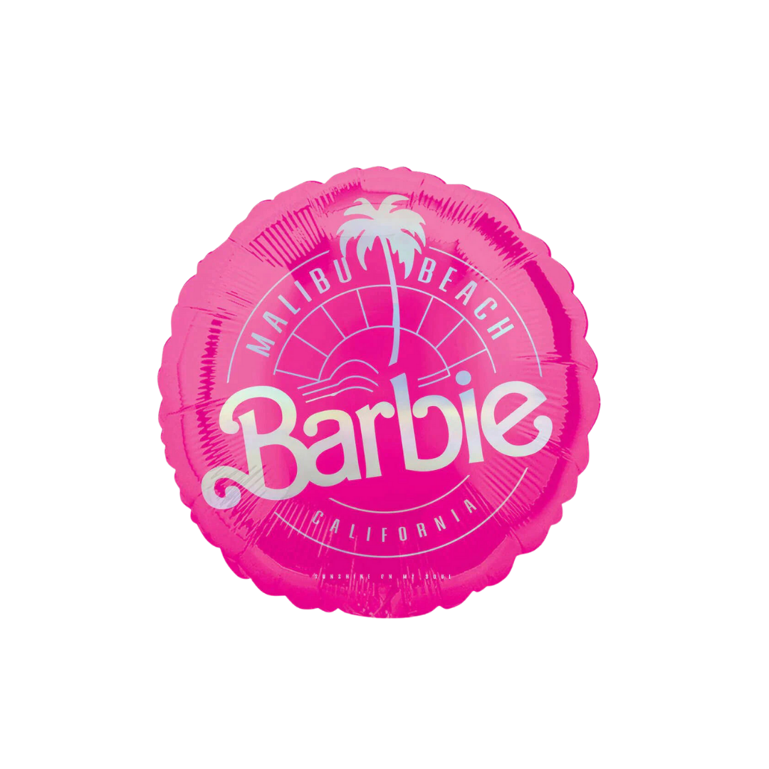 Pink Barbie foil balloon with Malibu Beach palm tree design birthday theme from Parte Haus party supply store in Bethesda MD.