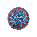 Blue and red birthday boy balloon with comic burst design for birthday celebrations from Parte Haus party supply store in Bethesda MD