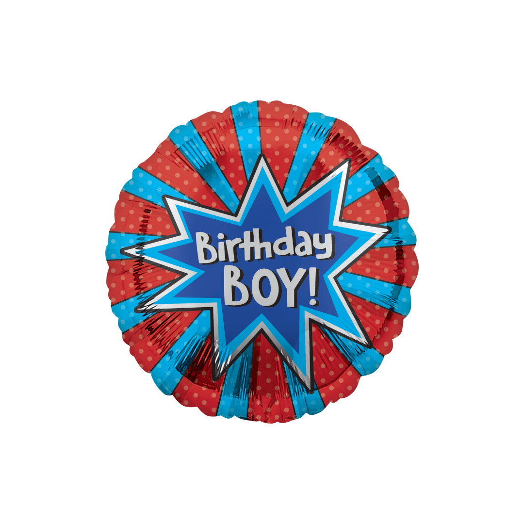 Blue and red birthday boy balloon with comic burst design for birthday celebrations from Parte Haus party supply store in Bethesda MD