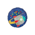 blue spaceship foil balloon with birthday blast text space theme from Parte Haus party supply store in Bethesda Maryland