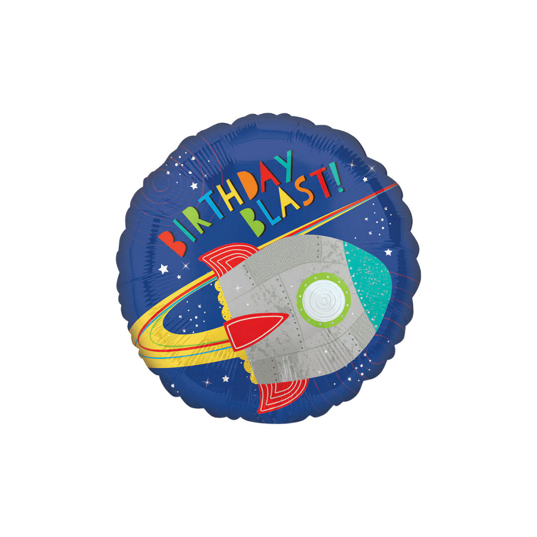 blue spaceship foil balloon with birthday blast text space theme from Parte Haus party supply store in Bethesda Maryland