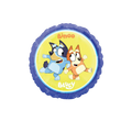 Blue round Bluey foil balloon with Bluey and Bingo for kids birthdays from Parte Haus party supply store in Bethesda MD