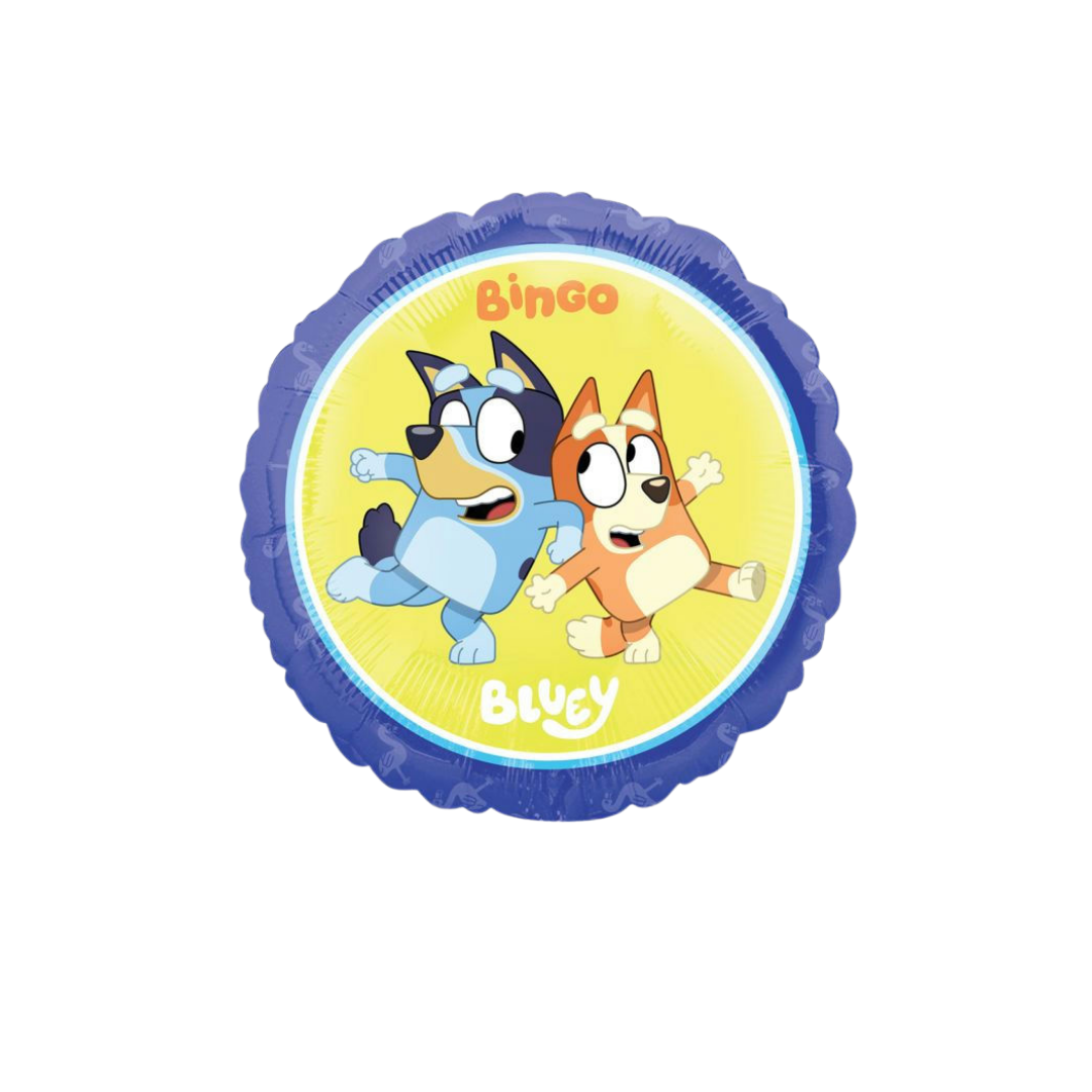 Blue round Bluey foil balloon with Bluey and Bingo for kids birthdays from Parte Haus party supply store in Bethesda MD