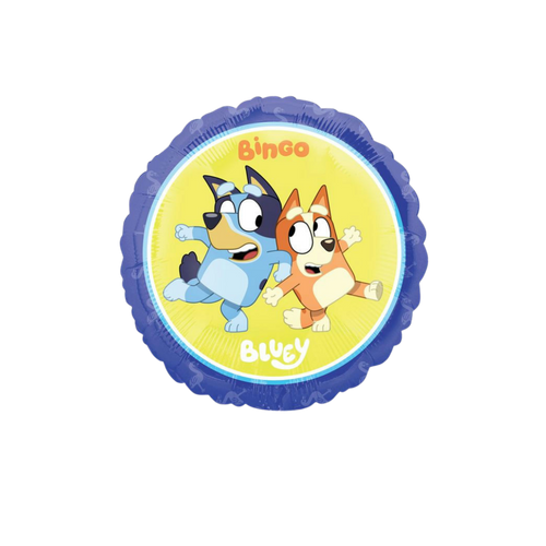 Blue round Bluey foil balloon with Bluey and Bingo for kids birthdays from Parte Haus party supply store in Bethesda MD