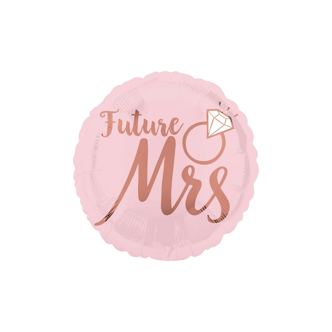 Blush pink wedding foil balloon round with Future Mrs text bridal shower theme from Parte Haus party supply store in Bethesda MD