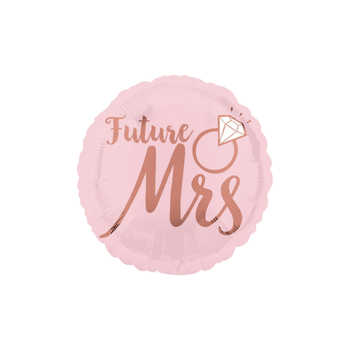 Blush pink wedding foil balloon round with Future Mrs text bridal shower theme from Parte Haus party supply store in Bethesda MD
