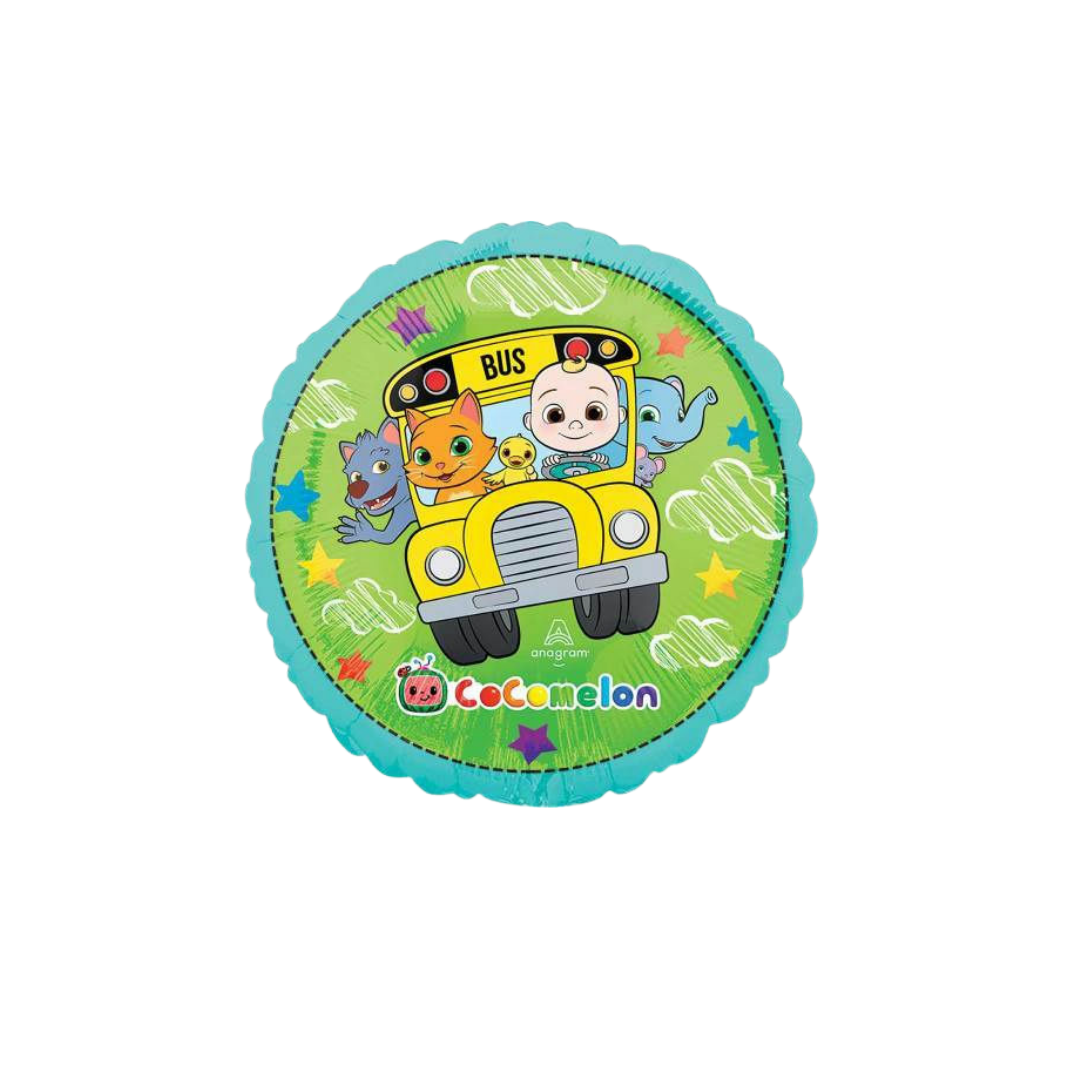 Green Cocomelon foil balloon with cartoon school bus birthday theme from Parte Haus party supply store in Bethesda MD