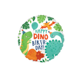 Colorful dinosaur birthday foil balloon with party hats from Parte Haus party supply store in Bethesda MD