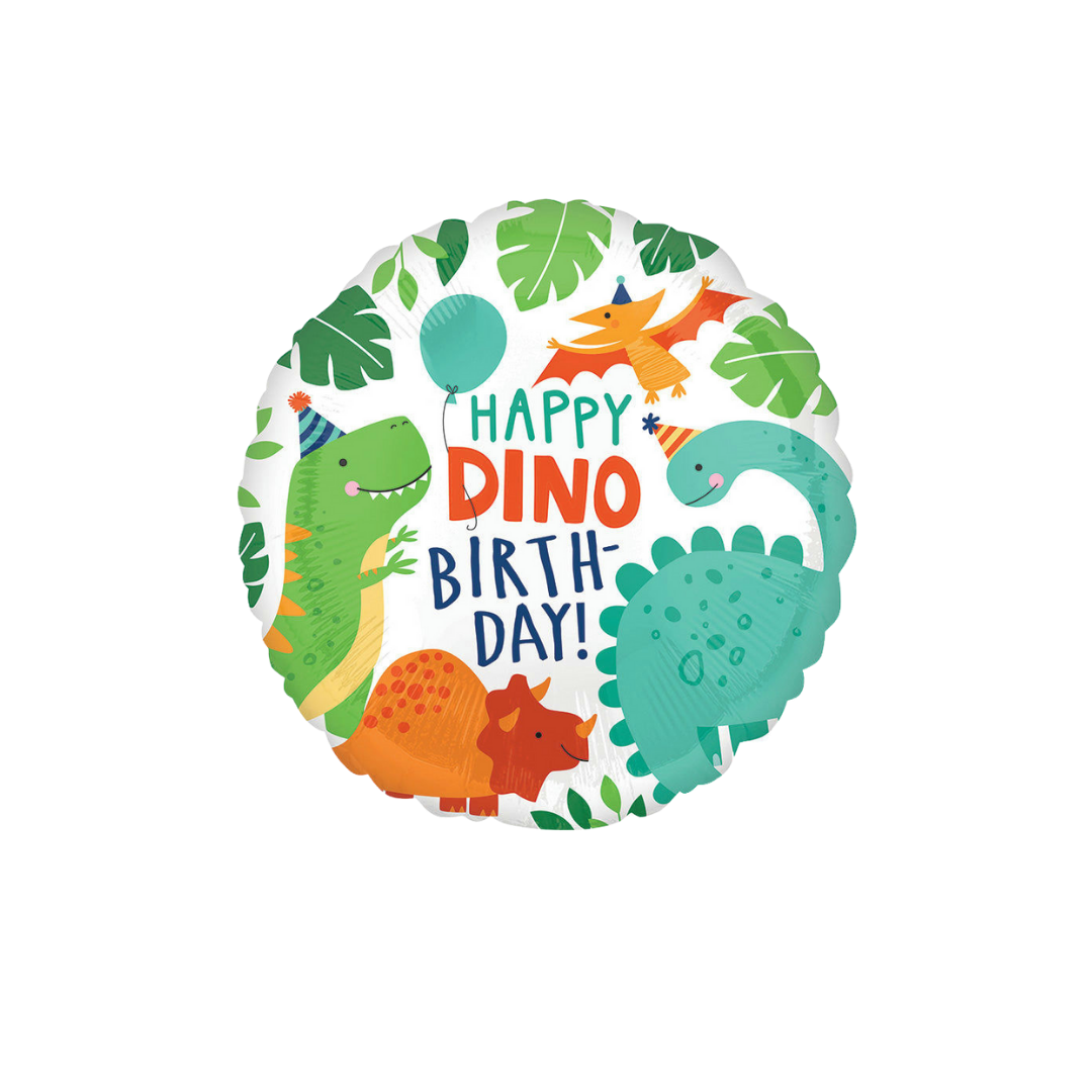Colorful dinosaur birthday foil balloon with party hats from Parte Haus party supply store in Bethesda MD