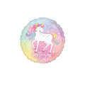 Pastel rainbow foil balloon with a unicorn and birthday wishes for unicorn birthday from Parte Haus party supply store in Bethesda Maryland
