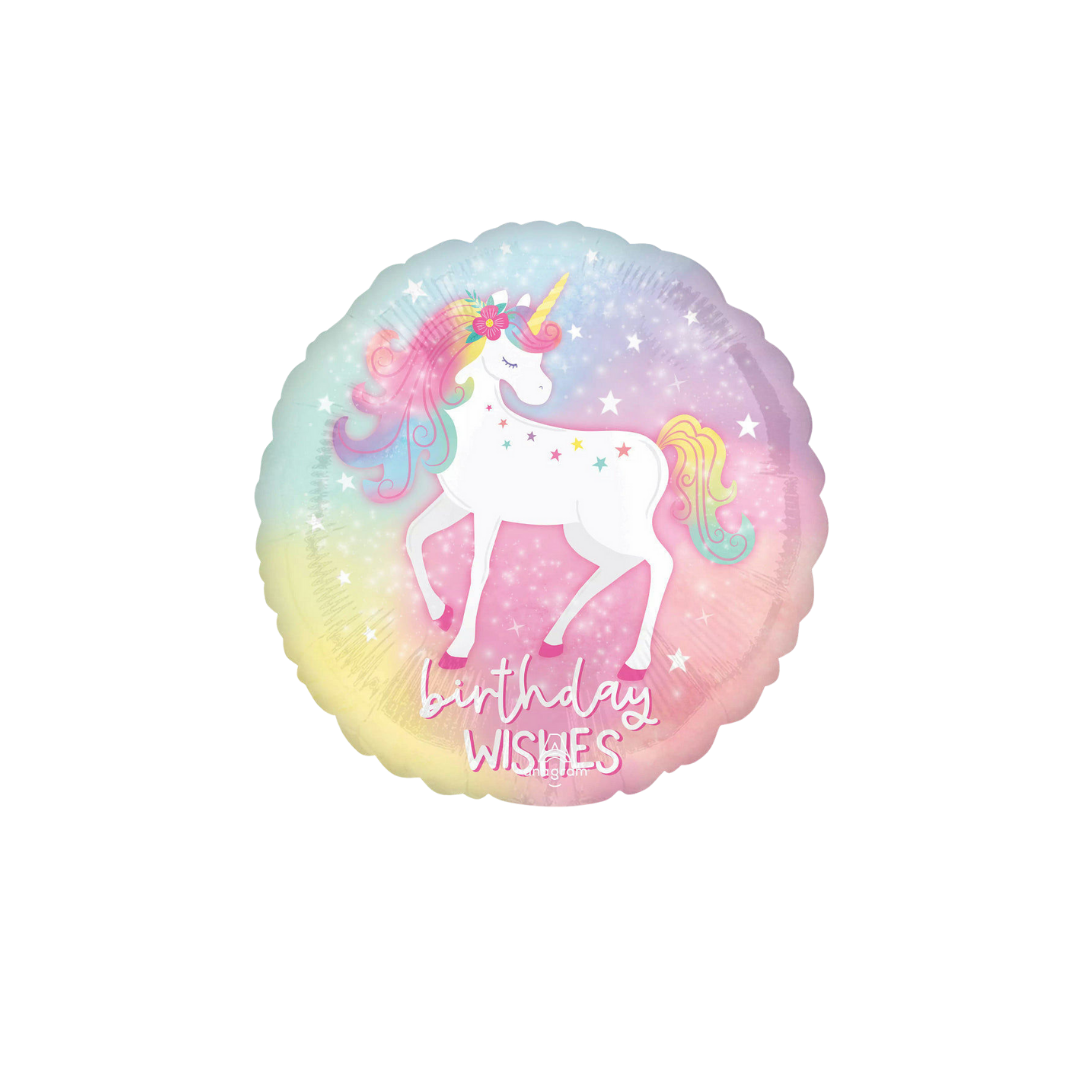 Pastel rainbow foil balloon with a unicorn and birthday wishes for unicorn birthday from Parte Haus party supply store in Bethesda Maryland