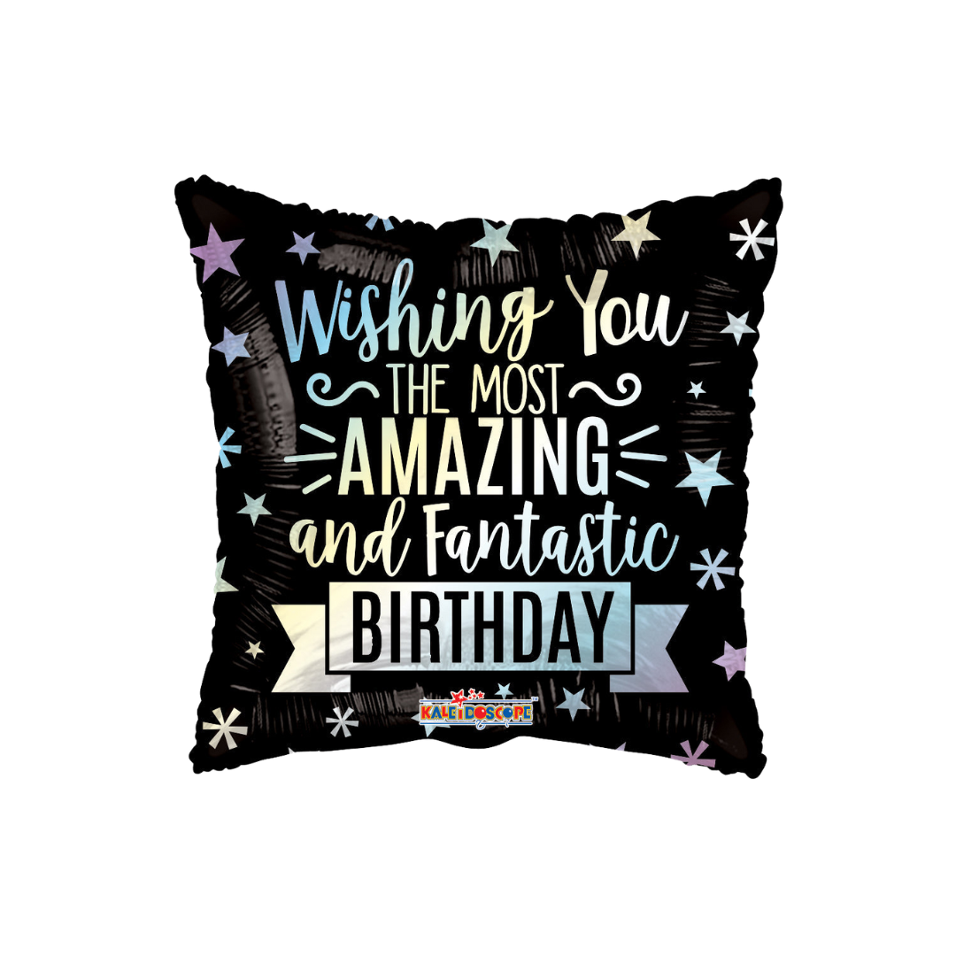 Black foil balloon with colorful stars amazing birthday message birthday theme from Parte Haus party supply store in Bethesda Maryland