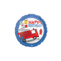 Blue first responder foil balloon with fire truck and Happy Birthday text from Parte Haus party supply store in Bethesda MD