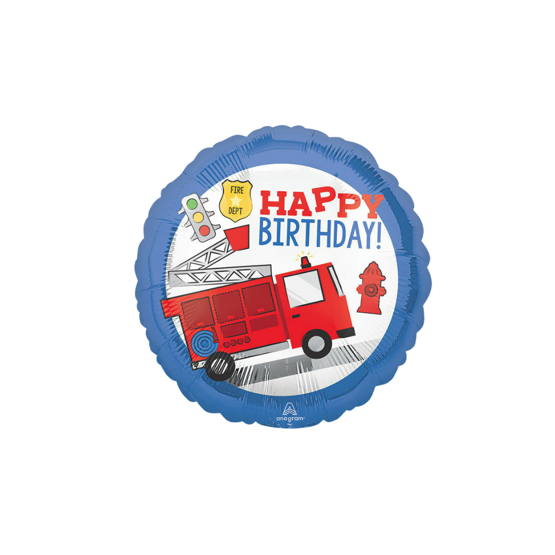 Blue first responder foil balloon with fire truck and Happy Birthday text from Parte Haus party supply store in Bethesda MD