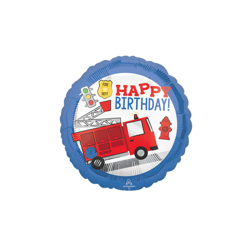Blue first responder foil balloon with fire truck and Happy Birthday text from Parte Haus party supply store in Bethesda MD