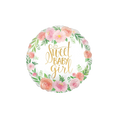 Pink floral baby girl foil balloon with Sweet Baby Girl text for baby shower from Parte Haus party supply store in Bethesda Maryland