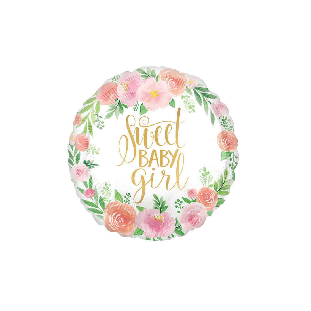 Pink floral baby girl foil balloon with Sweet Baby Girl text for baby shower from Parte Haus party supply store in Bethesda Maryland