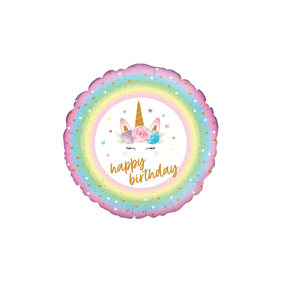 Rainbow holographic unicorn foil balloon with floral crown happy birthday theme from Parte Haus party supply store in Bethesda Maryland