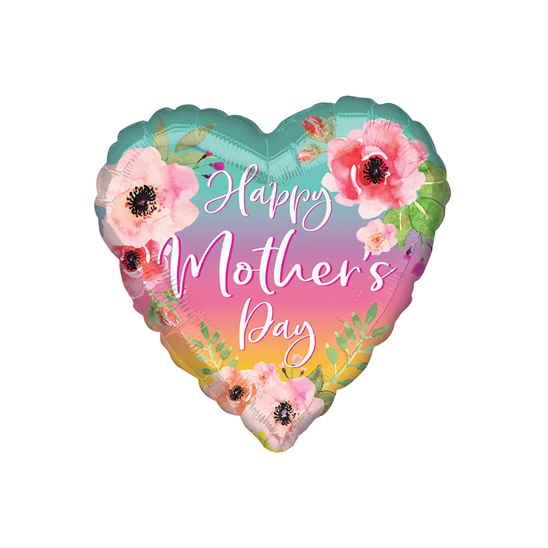 Ombre pink floral heart shaped foil balloon with Happy Mother's Day from Parte Haus party supply store in Bethesda MD