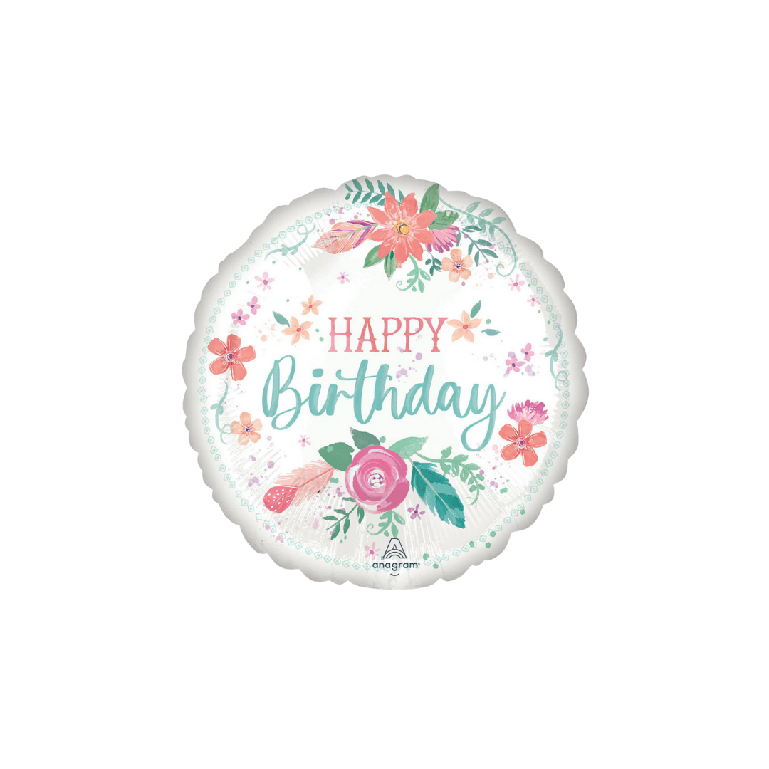White floral birthday foil balloon with pink and green flower design birthday theme from Parte Haus party supply store in Bethesda MD
