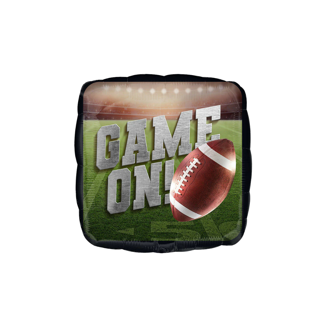 brown football foil balloon with GAME ON text for sports birthday from Parte Haus party supply store in Bethesda Maryland
