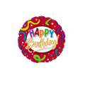 Red birthday balloon with colorful stripes and dots Happy Birthday theme from Parte Haus party supply store in Bethesda MD