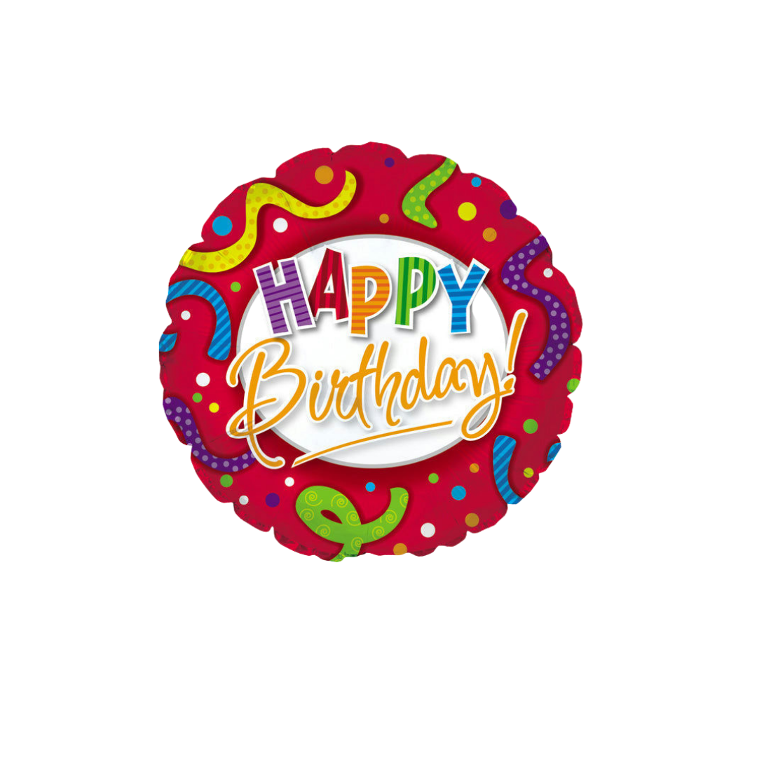 Red birthday balloon with colorful stripes and dots Happy Birthday theme from Parte Haus party supply store in Bethesda MD