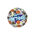 multicolor sports themed balloon with basketballs and soccer balls happy birthday from Parte Haus party supply store in Bethesda Maryland