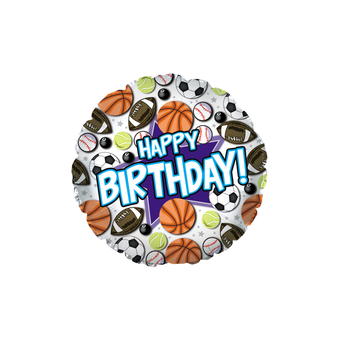 multicolor sports themed balloon with basketballs and soccer balls happy birthday from Parte Haus party supply store in Bethesda Maryland