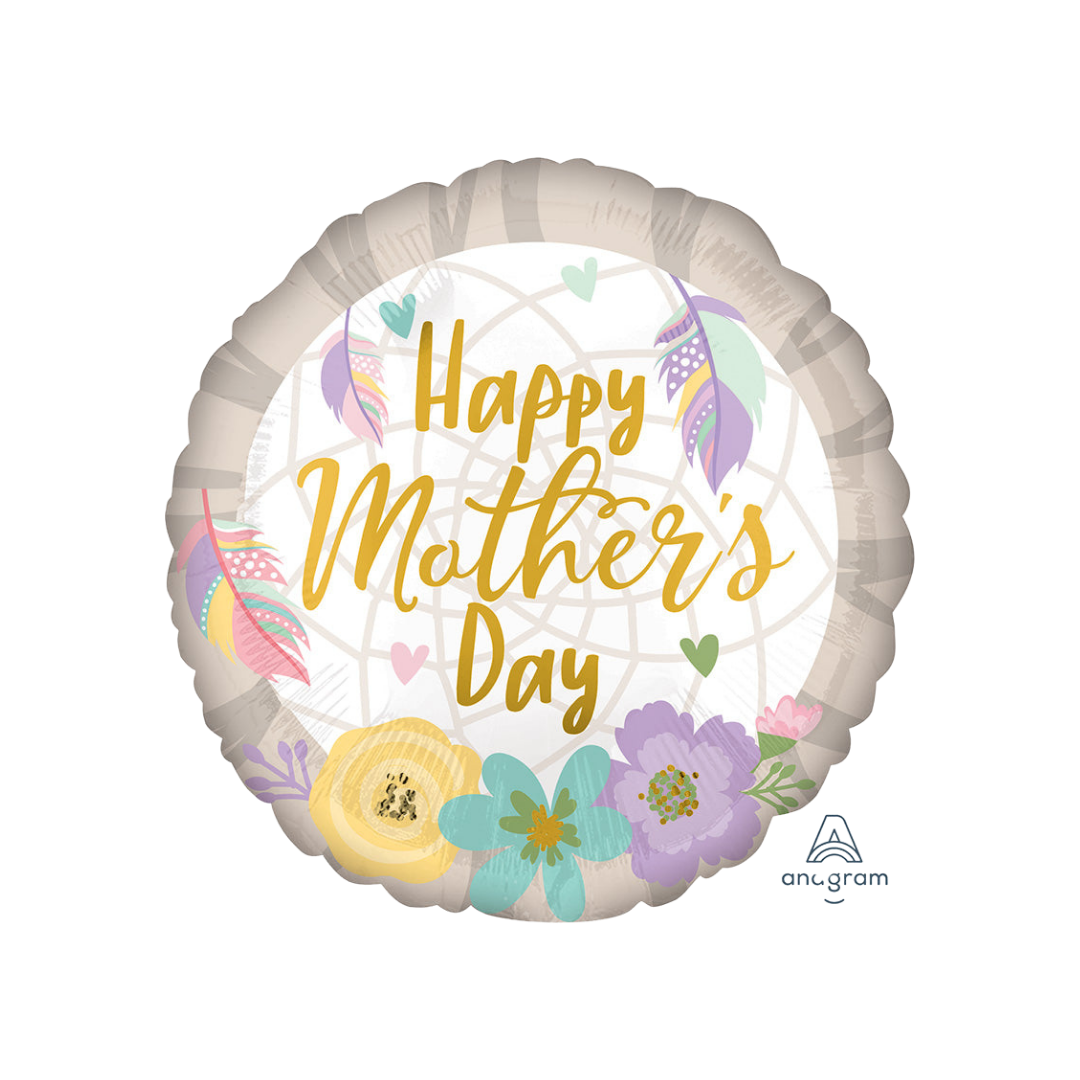 Multicolor round Happy Mother's Day foil balloon with feathers and flowers for Mother's Day from Parte Haus party supply store in Bethesda Maryland