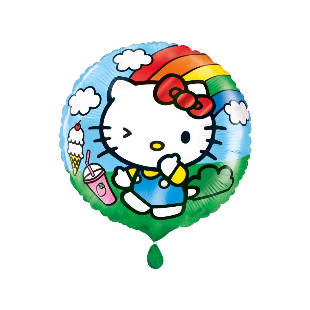 Colorful Hello Kitty foil balloon with rainbow clouds and treats birthday theme from Parte Haus party supply store in Bethesda MD