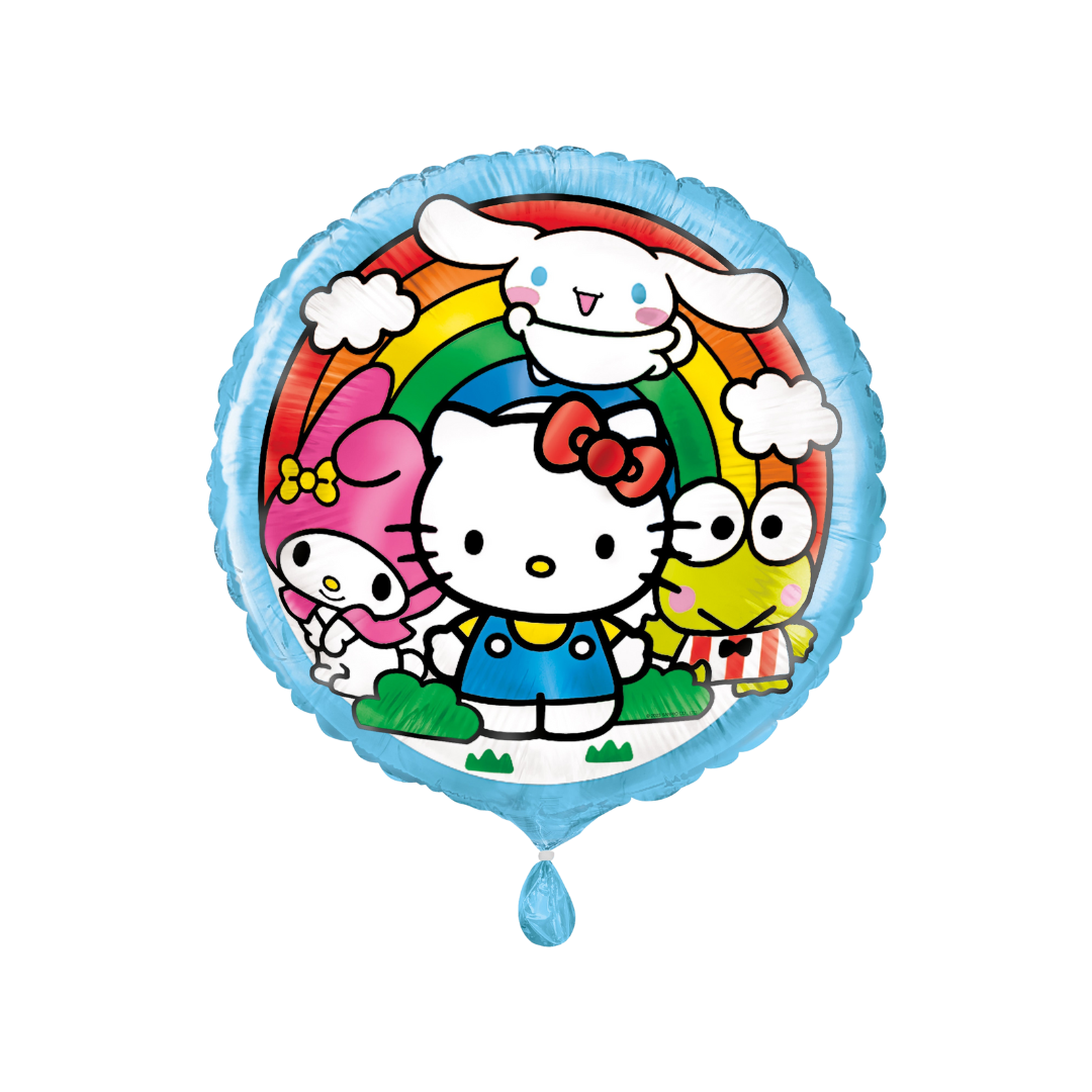 Blue rainbow Hello Kitty and friends foil balloon with cartoon animals birthday theme from Parte Haus party supply store in Bethesda Maryland