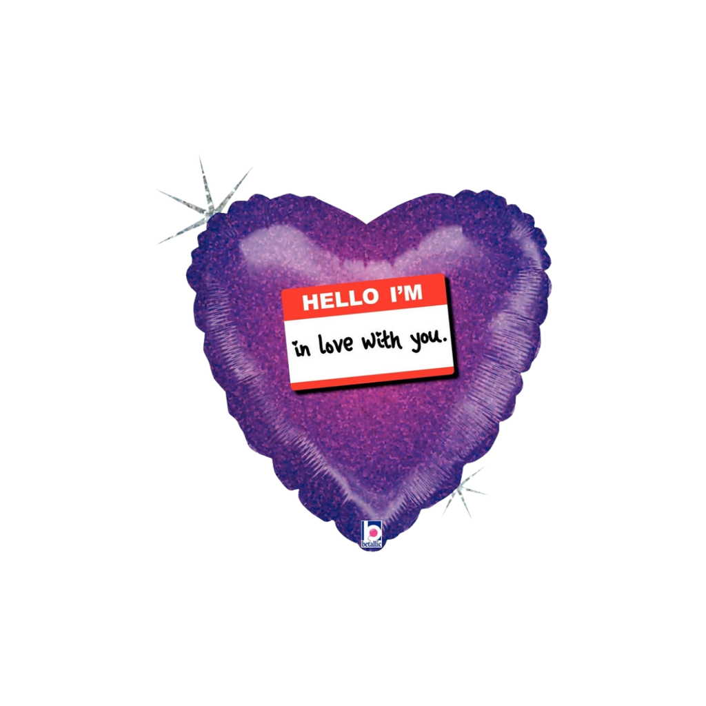 Purple heart holographic balloon with Hello I'm in love with you note Valentine gift from Parte Haus party supply store in Bethesda MD
